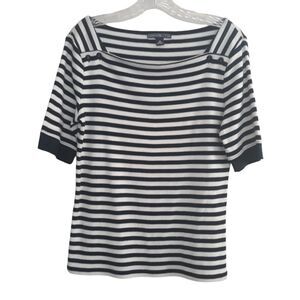 American Living Top Women Medium Blue White Stripe Nautical Knit Rib Sleeves